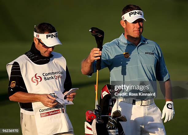 Lee Westwood of England on the par five 18th hole during the first round of The Commercialbank Qatar Masters at The Doha Golf Club on January 28,...