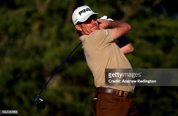 Miguel Angel Jimenez of Spain hits his tee-shot on the 18th hole during the first round of the Commercialbank Qatar Masters at Doha Golf Club on...