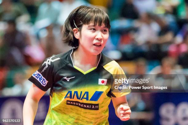 Miu Hirano of Japan competes against Zhang Rui of China during Women's Singles - Round of 16 of Table Tennis Hang Seng Hong Kong Open on May 25, 2018...
