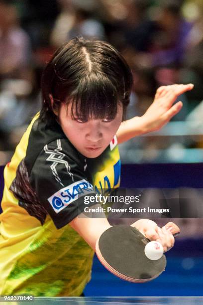 Miu Hirano of Japan competes against Zhang Rui of China during Women's Singles - Round of 16 of Table Tennis Hang Seng Hong Kong Open on May 25, 2018...