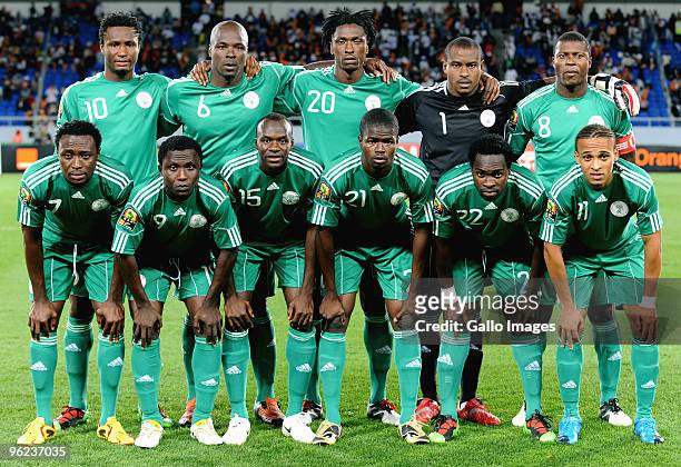 The Nigerian team pose during the Africa Cup of Nations Quarter Final match between Zambia and Nigeria from the Alto da Chela Stadium on January 25,...
