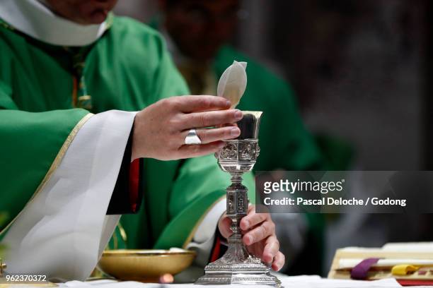 saint-grat church. catholic mass. eucharist celebration. priest raising the host. valgrisenche. italy. - catholicism stockfoto's en -beelden