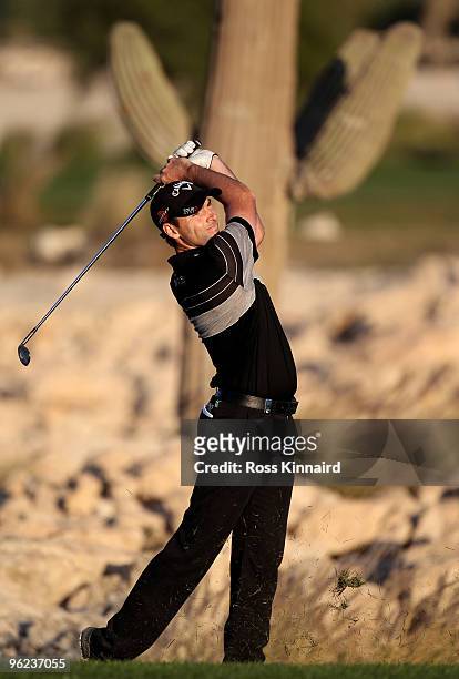 Oliver Wilson of England on the par five 18th hole during the first round of The Commercialbank Qatar Masters at The Doha Golf Club on January 28,...