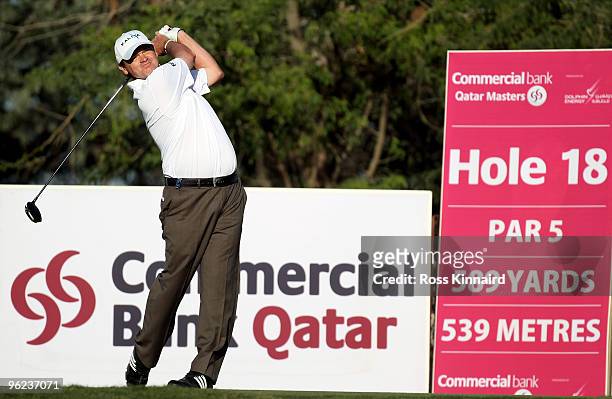 Paul Lawrie of Scotland on the 18th tee during the first round of The Commercialbank Qatar Masters at The Doha Golf Club on January 28, 2010 in Doha,...