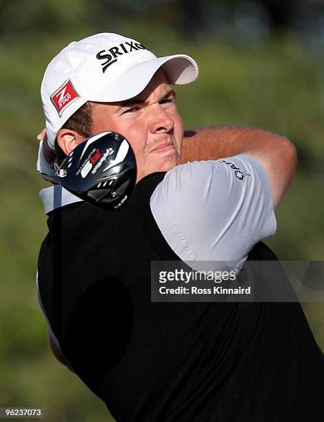 Shane Lowry of Ireland on the 18th tee during the first round of The Commercialbank Qatar Masters at The Doha Golf Club on January 28, 2010 in Doha,...