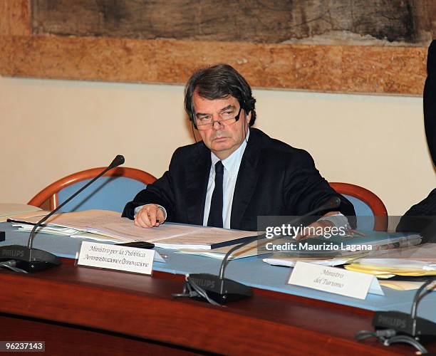 Italian Minister of Pubblic Administration Renato Brunetta attends an Italian Council of Ministers Assembly at the Palazzo della Prefettura on...