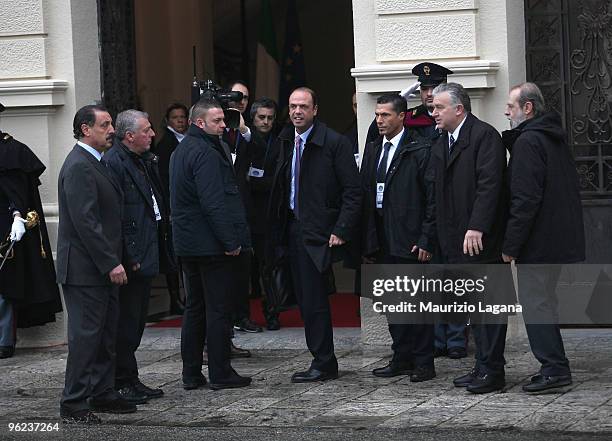 Italian Justice Minister Angelino Alfano arrive to attend an Italian Council of Ministers Assembly on January 28, 2010 in Reggio Calabria, Italy. The...