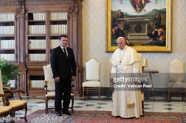 Pope Francis meets Prime Minister of the Former Yugoslav Republic of Macedonia Zoran Zaev during an audience at the Apostolic Palace on May 25, 2018...