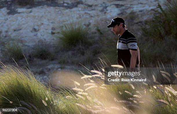 Oliver Wilson of England on the par three 17th hole during the first round of The Commercialbank Qatar Masters at The Doha Golf Club on January 28,...