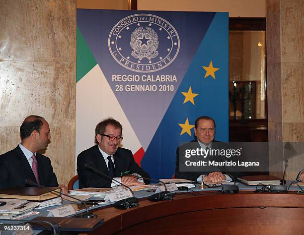 Italian President of Ministers Silvio Berlusconi , Interior Minister Roberto Maroni and Justoce Minister Angelino Alfano attend an Italian Council of...