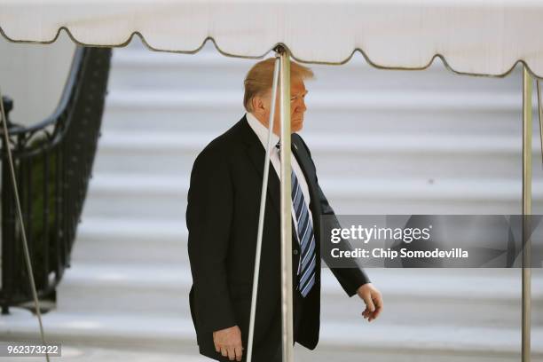 President Donald Trump departs the White House May 25, 2018 in Washington, DC. Trump is traveling to Annapolis, Maryland, to participate in the Naval...