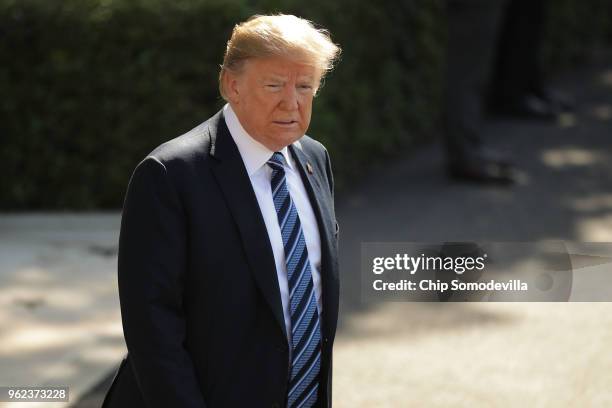 President Donald Trump departs the White House May 25, 2018 in Washington, DC. Trump is traveling to Annapolis, Maryland, to participate in the Naval...