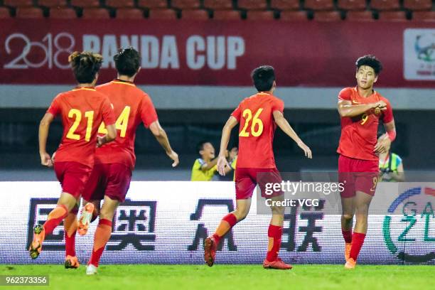 Guo Tianyu of China U19 National Team celebrates a goal with team-mates during the 2018 Panda Cup International Youth Football Tournament between...