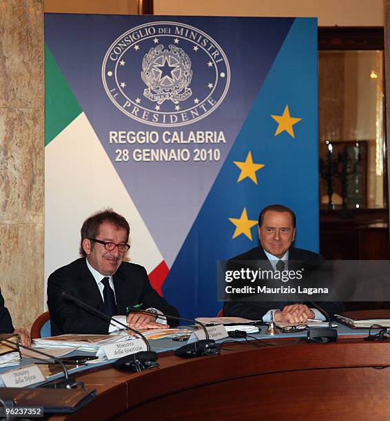 Italian Prime Minister Silvio Berlusconi and Italian Interior Minister Roberto Maroni attend an Italian Council of Ministers Assembly at the Palazzo...