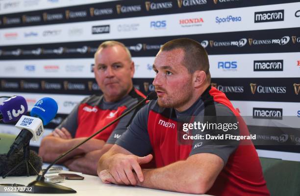 Dublin , Ireland - 25 May 2018; Captain Ken Owens, right, and head coach Wayne Pivac during the Scarlets press conference at the Aviva Stadium in...