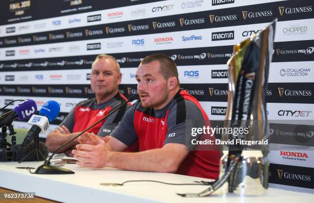 Dublin , Ireland - 25 May 2018; Captain Ken Owens, right, and head coach Wayne Pivac during the Scarlets press conference at the Aviva Stadium in...