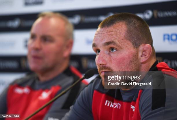 Dublin , Ireland - 25 May 2018; Captain Ken Owens, right, and head coach Wayne Pivac during the Scarlets press conference at the Aviva Stadium in...
