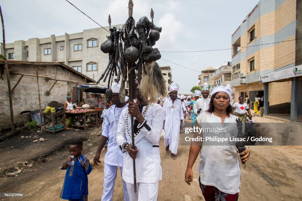 Voodoo cult in Cotonou, Benin. Procession.