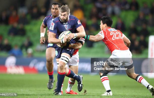 Geoff Parling of the Rebels runs with the ball during the round 15 Super Rugby match between the Rebels and the Sunwolves at AAMI Park on May 25,...