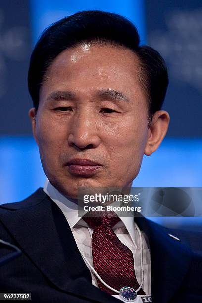 Lee Myung Bak, president of South Korea, waits to speak during a plenary session on day two of the 2010 World Economic Forum annual meeting in Davos,...