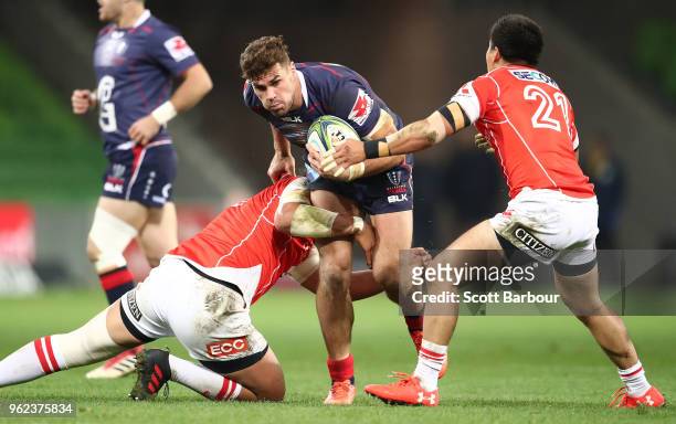 Tom English of the Rebels runs with the ball during the round 15 Super Rugby match between the Rebels and the Sunwolves at AAMI Park on May 25, 2018...