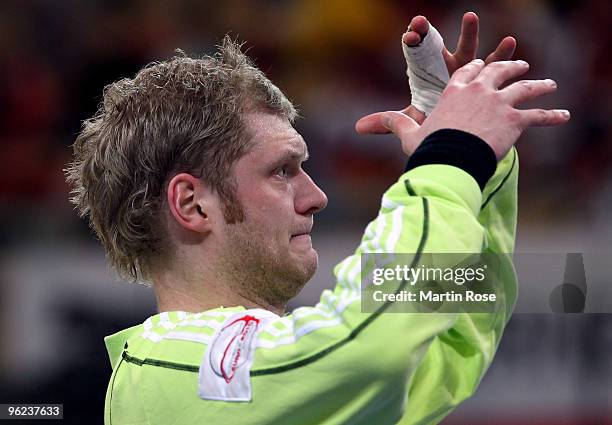 Johannes Bitter, goalkeeper of Germany reacts during the Men's Handball European main round Group II match between Germany and Czech Republic at the...