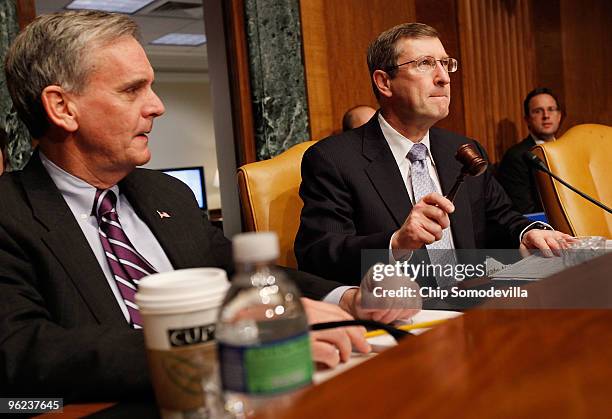 Senate Budget Committee Chairman Kent Conrad gavels to order a hearing about the CBO's Budget and Economic Outlook for FY 2010 to 2020 as ranking...