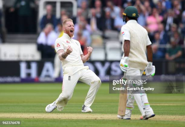 Ben Stokes of England celebrates dismissing Asad Shafiq of Pakistan during day two of the 1st NatWest Test match between England and Pakistan at...