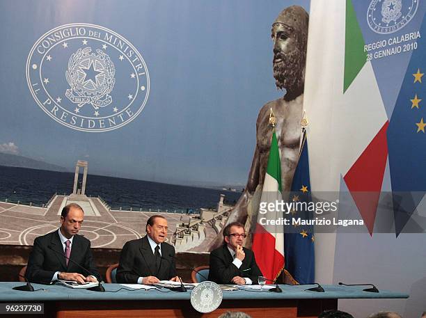 Italian Prime Minister Silvio Berlusconi, Justice Minister Angelino Alfano and Interior Minister Roberto Maroni attend an Italian Council of...