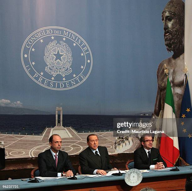 Italian Prime Minister Silvio Berlusconi, Justice Minister Angelino Alfano and Interior Minister Roberto Maroni attend an Italian Council of...