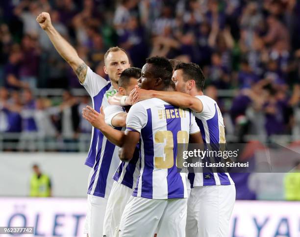 Robert Litauszki of Ujpest FC celebrates a goal with Vincent Onovo of Ujpest FC and Branko Pauljevic of Ujpest FC during the Hungarian Cup Final...