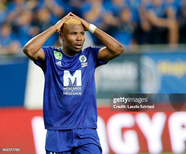 Ezekiel Henty of Puskas Akademia FC reacts disappointed because of his missed penalty during the Hungarian Cup Final match between Puskas Akademia FC...