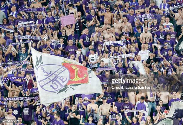 Ultra fans of Ujpest FC celebrate the victory during the Hungarian Cup Final match between Puskas Akademia FC and Ujpest FC at Groupama Arena on May...