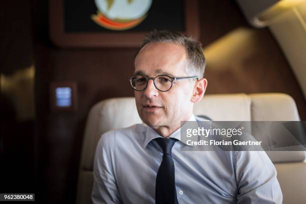 German Foreign Minister Heiko Maas is pictured during the flight back to Berlin on May 25, 2018 in Helsinki, Finland. Maas is visiting Finland for...