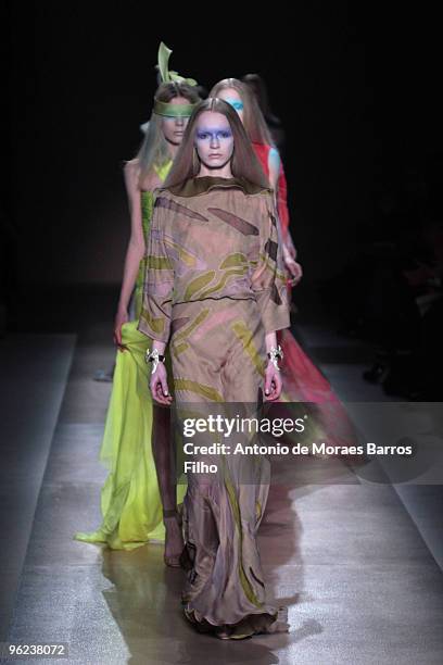 Model walks the runway at the Valentino Haute-Couture show as part of the Paris Fashion Week Spring/Summer 2010 at Couvent des Cordeliers on January...