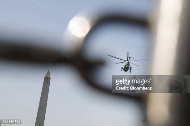 Marine One, with U.S. President Donald Trump on board, departs the South Lawn of the White House in Washington, D.C., U.S., on Friday, May 25, 2018....