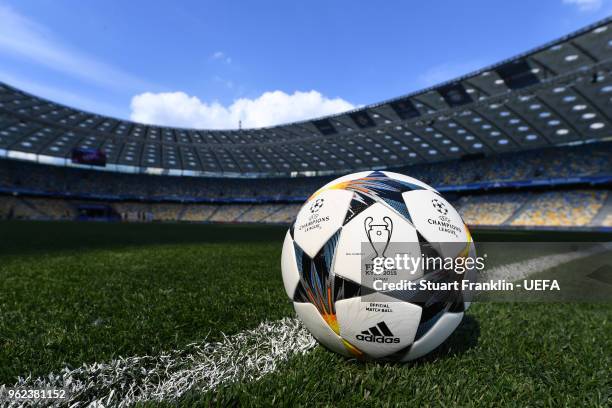Detailed view of the match ball inside the stadium ahead of the UEFA Champions League Final Real Madrid and Liverpool at NSC Olimpiyskiy Stadium on...