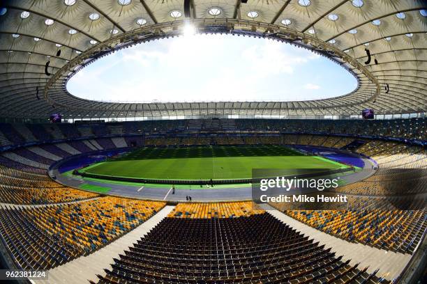 General view inside the stadium prior to a Liverpool training session ahead of the UEFA Champions League Final against Real Madrid at NSC Olimpiyskiy...