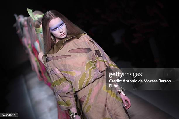 Model walks the runway at the Valentino Haute-Couture show as part of the Paris Fashion Week Spring/Summer 2010 at Couvent des Cordeliers on January...