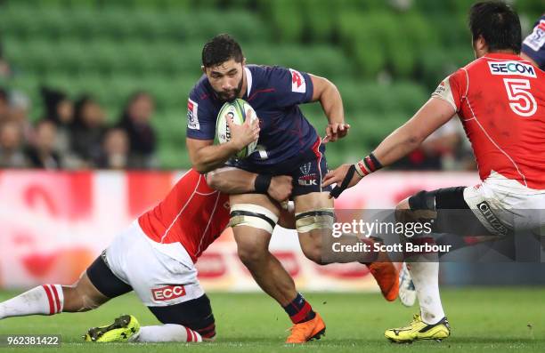 Colby Fainga'a of the Rebels is tackled during the round 15 Super Rugby match between the Rebels and the Sunwolves at AAMI Park on May 25, 2018 in...