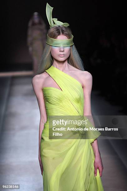 Model walks the runway at the Valentino Haute-Couture show as part of the Paris Fashion Week Spring/Summer 2010 at Couvent des Cordeliers on January...