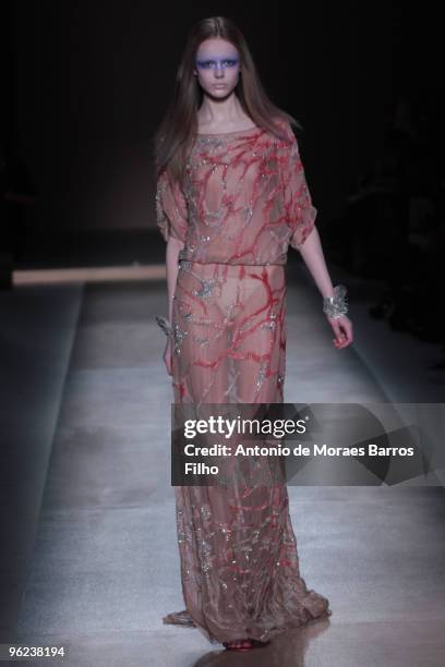 Model walks the runway at the Valentino Haute-Couture show as part of the Paris Fashion Week Spring/Summer 2010 at Couvent des Cordeliers on January...