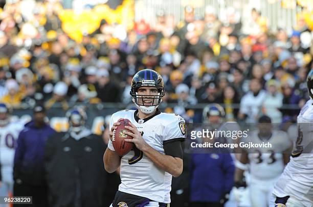 Quarterback Joe Flacco of the Baltimore Ravens passes during a game against the Pittsburgh Steelers at Heinz Field on December 27, 2009 in...