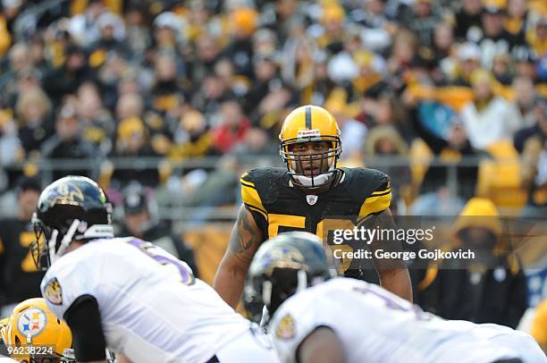 Linebacker LaMarr Woodley of the Pittsburgh Steelers looks across the line of scrimmage at the Baltimore Ravens during a game at Heinz Field on...