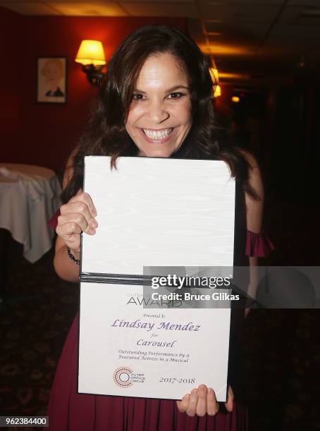 Best Supporting Actress in a Musical winner Lindsay Mendez poses at the 2018 Outer Critics Circle Awards at Sardi's on May 24, 2018 in New York City.