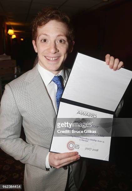 Best Actor in a Musical "Spongebob The Musical" winner Ethan Slater poses at the 2018 Outer Critics Circle Awards at Sardi's on May 24, 2018 in New...