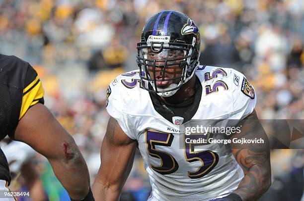 Linebacker Terrell Suggs of the Baltimore Ravens looks on from the field during a game against the Pittsburgh Steelers at Heinz Field on December 27,...