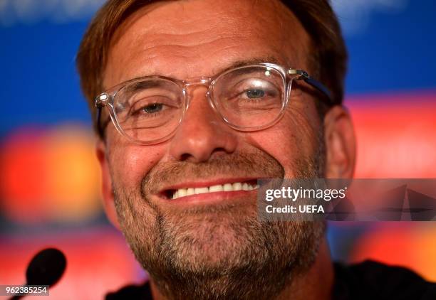 In this handout image provided by UEFA Jurgen Klopp, Manager of Liverpool looks on during a Liverpool press conference ahead of the UEFA Champions...