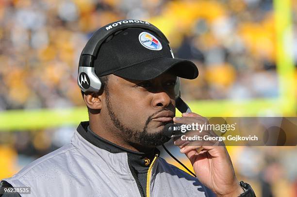 Head coach Mike Tomlin of the Pittsburgh Steelers looks on from the sideline during a game against the Baltimore Ravens at Heinz Field on December...