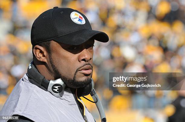 Head coach Mike Tomlin of the Pittsburgh Steelers looks on from the sideline during a game against the Baltimore Ravens at Heinz Field on December...